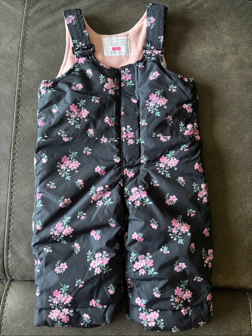 The Children's Place Black Snow Bib Overalls with Pink Floral Print
